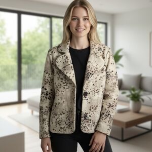 Susan Graver Women's M Plush Fleece Jacket Animal Print Button Front Beige Brown